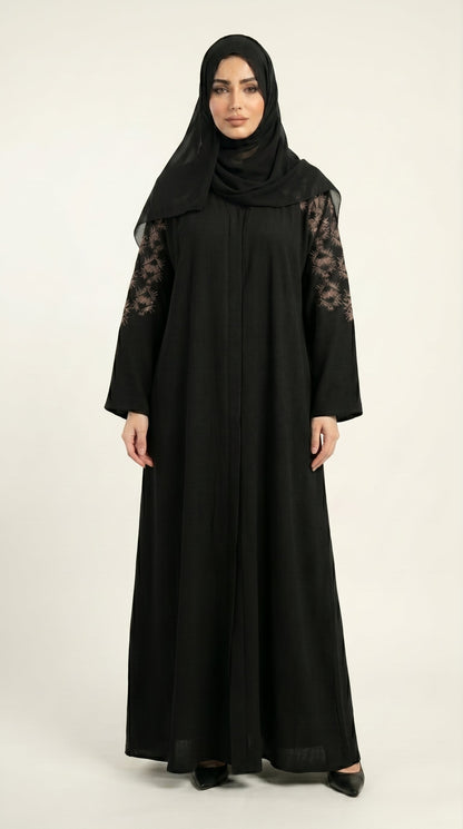 Black Embroidery Work Zoom Open Abaya  Aromique