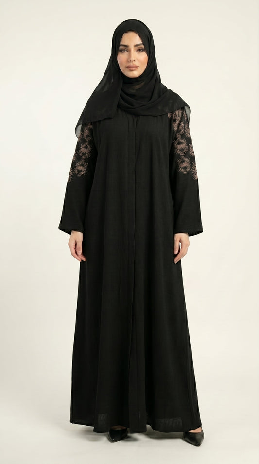 Black Embroidery Work Zoom Open Abaya  Aromique