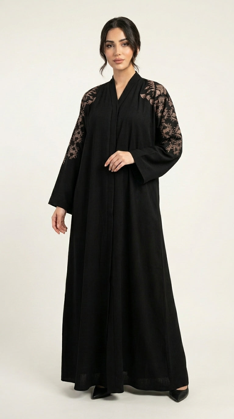 Black Embroidery Work Zoom Open Abaya  Aromique