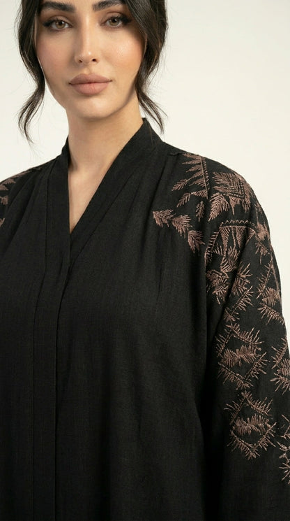 Black Embroidery Work Zoom Open Abaya  Aromique