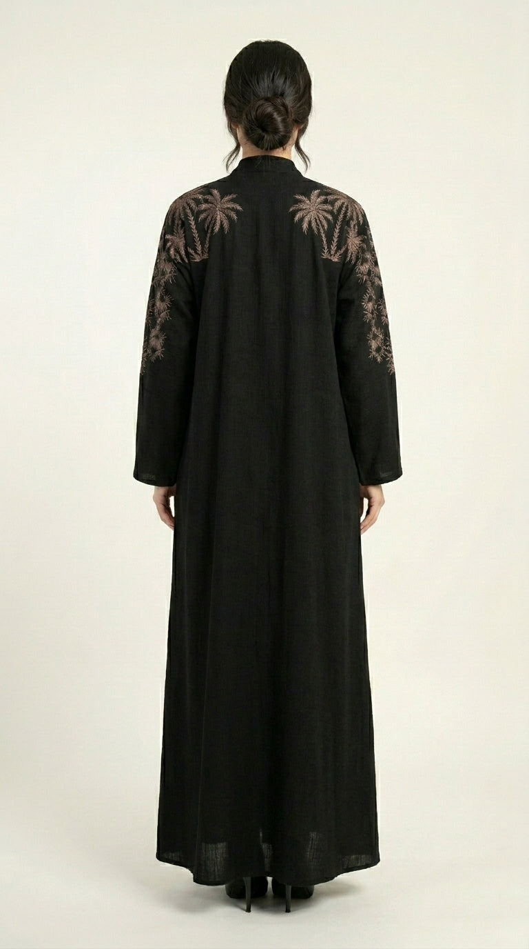 Black Embroidery Work Zoom Open Abaya  Aromique