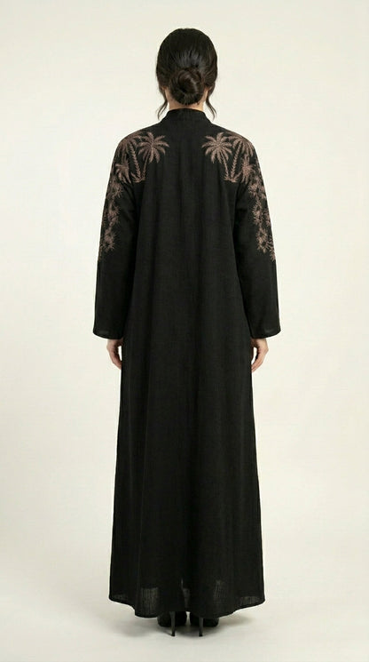 Black Embroidery Work Zoom Open Abaya  Aromique