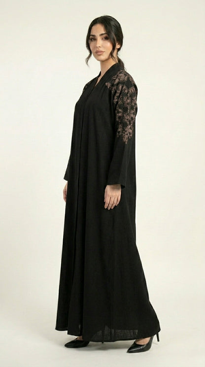 Black Embroidery Work Zoom Open Abaya  Aromique