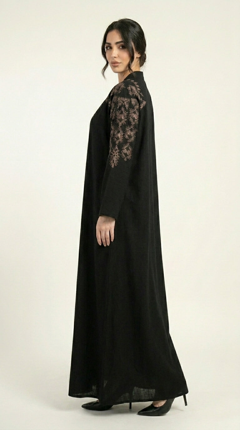 Black Embroidery Work Zoom Open Abaya  Aromique