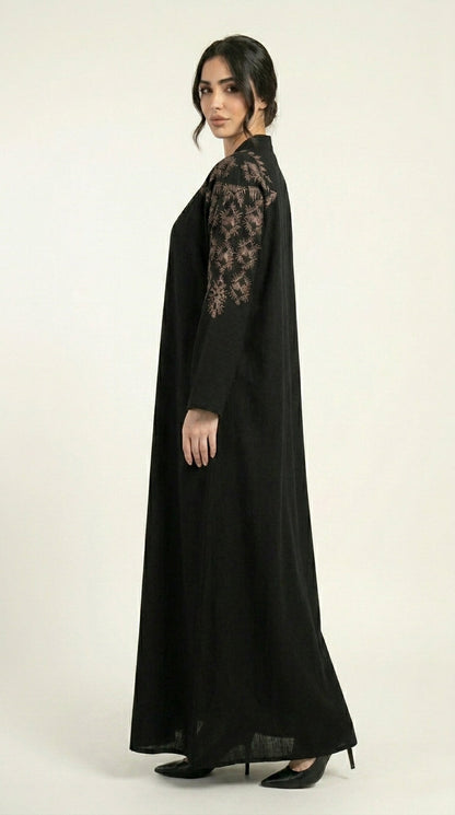Black Embroidery Work Zoom Open Abaya  Aromique