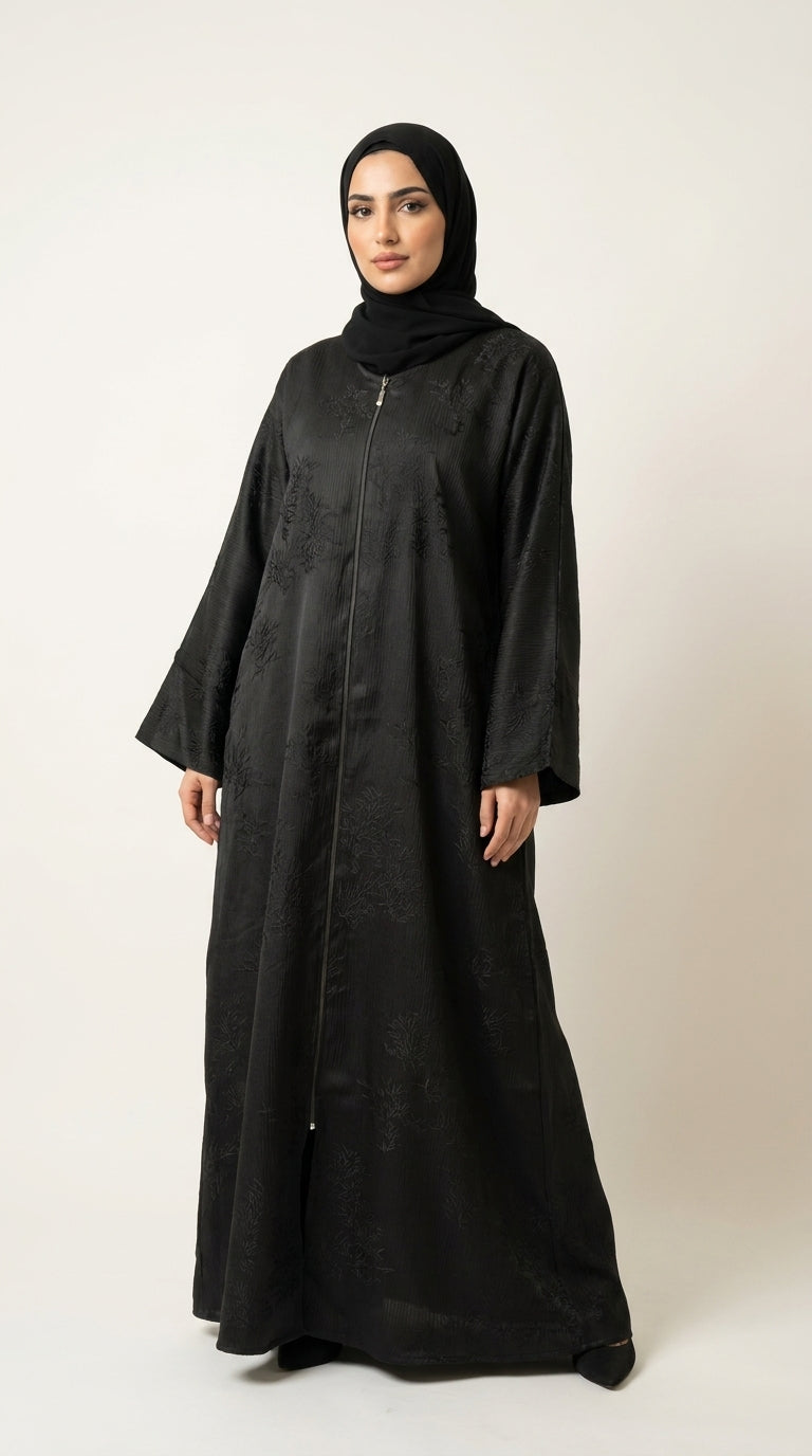 Black Maryam Bamboo Leaf Work Open Abaya with Zip  Aromique