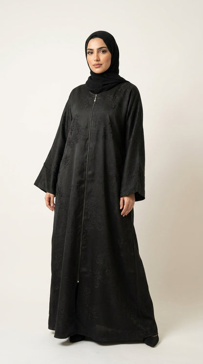 Black Maryam Bamboo Leaf Work Open Abaya with Zip  Aromique