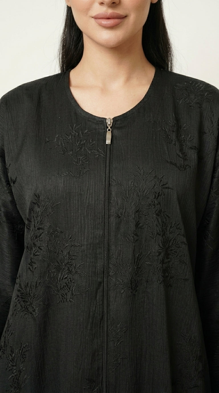 Black Maryam Bamboo Leaf Work Open Abaya with Zip  Aromique