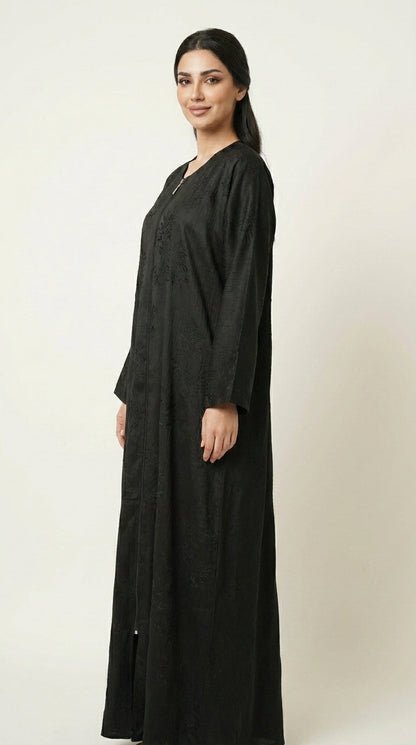 Black Maryam Bamboo Leaf Work Open Abaya with Zip  Aromique
