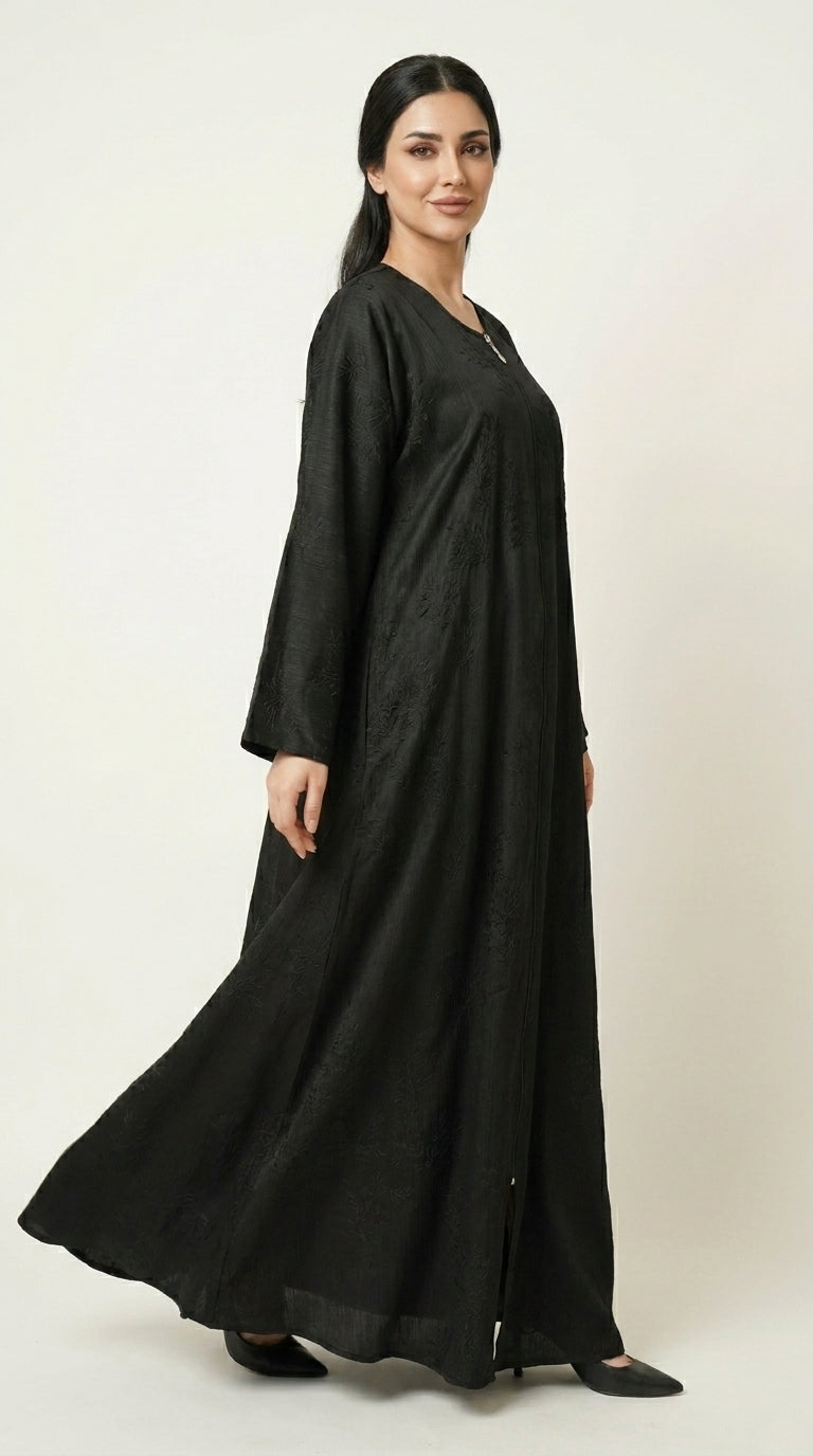 Black Maryam Bamboo Leaf Work Open Abaya with Zip  Aromique