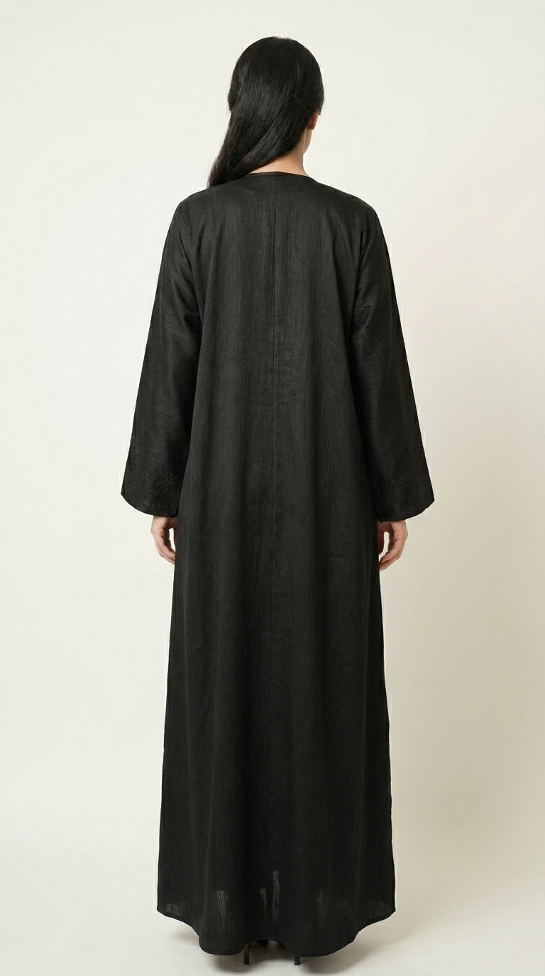 Black Maryam Bamboo Leaf Work Open Abaya with Zip  Aromique