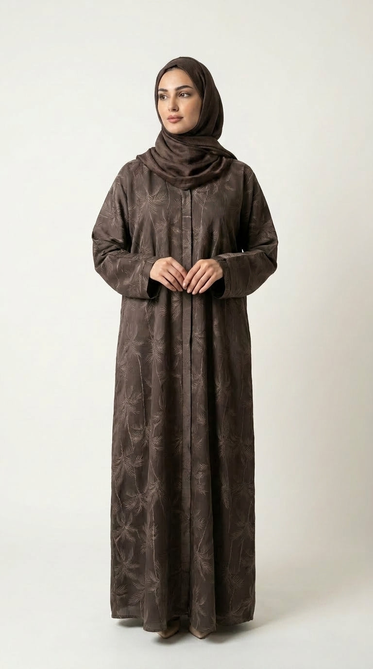 Brown Full Body Leaf Work Open Abaya with Zip  Aromique