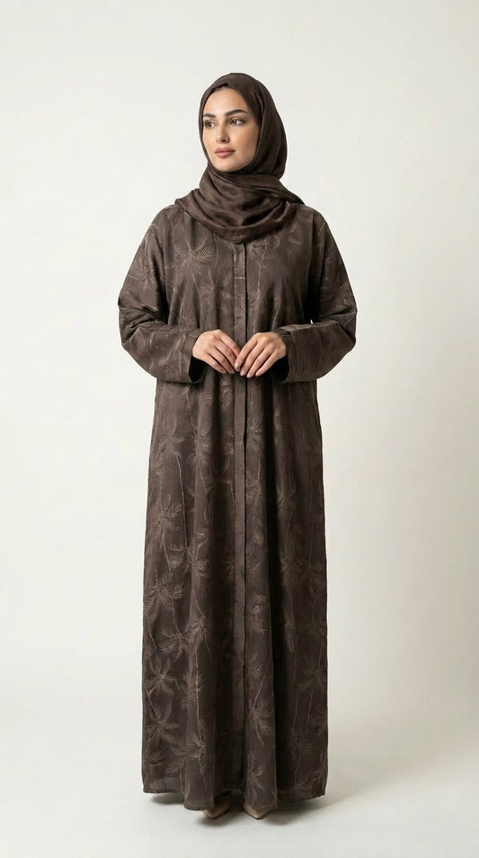 Brown Full Body Leaf Work Open Abaya with Zip  Aromique