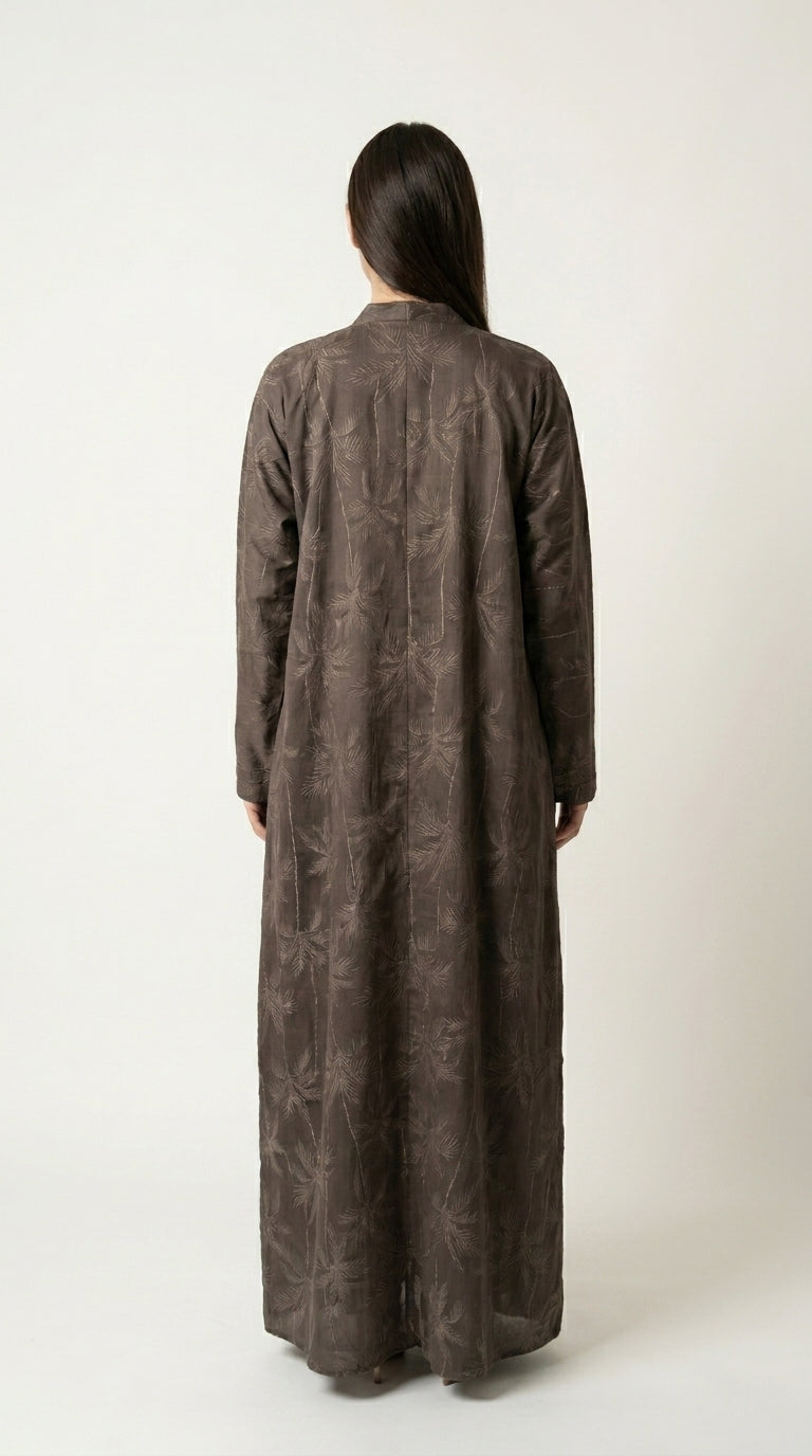 Brown Full Body Leaf Work Open Abaya with Zip  Aromique