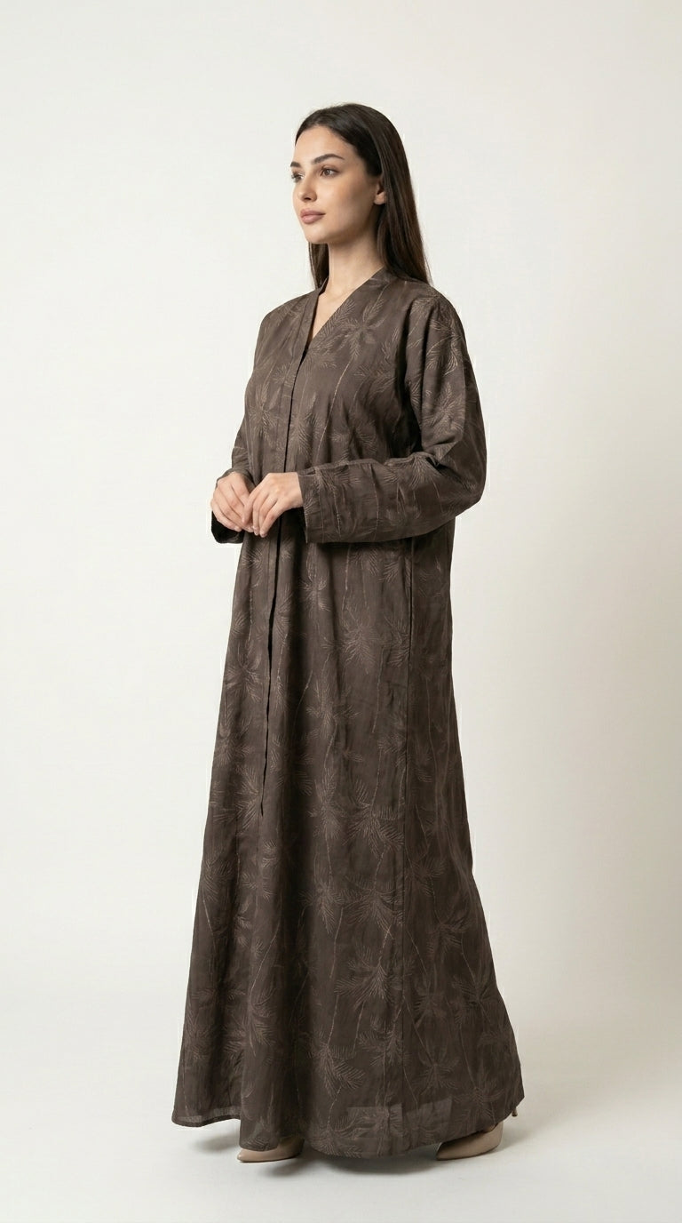 Brown Full Body Leaf Work Open Abaya with Zip  Aromique