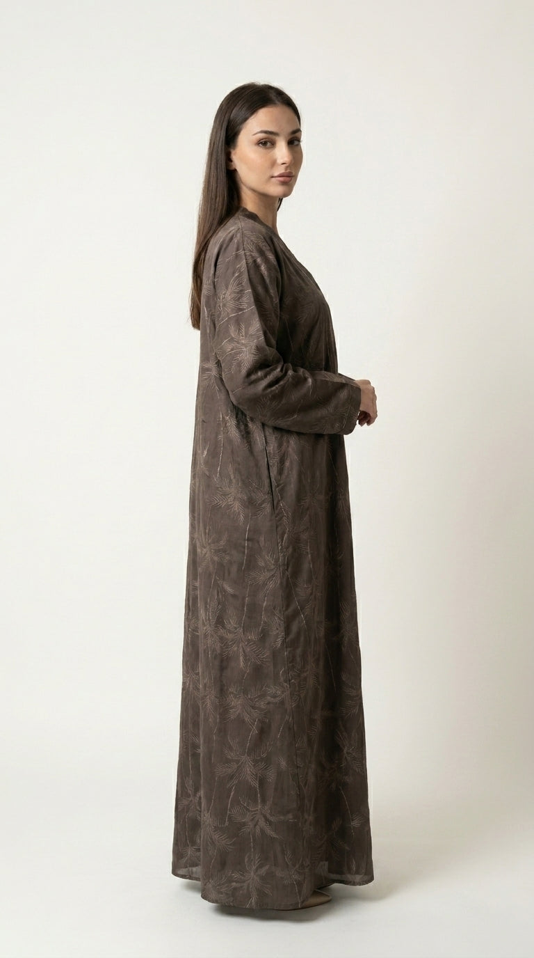 Brown Full Body Leaf Work Open Abaya with Zip  Aromique
