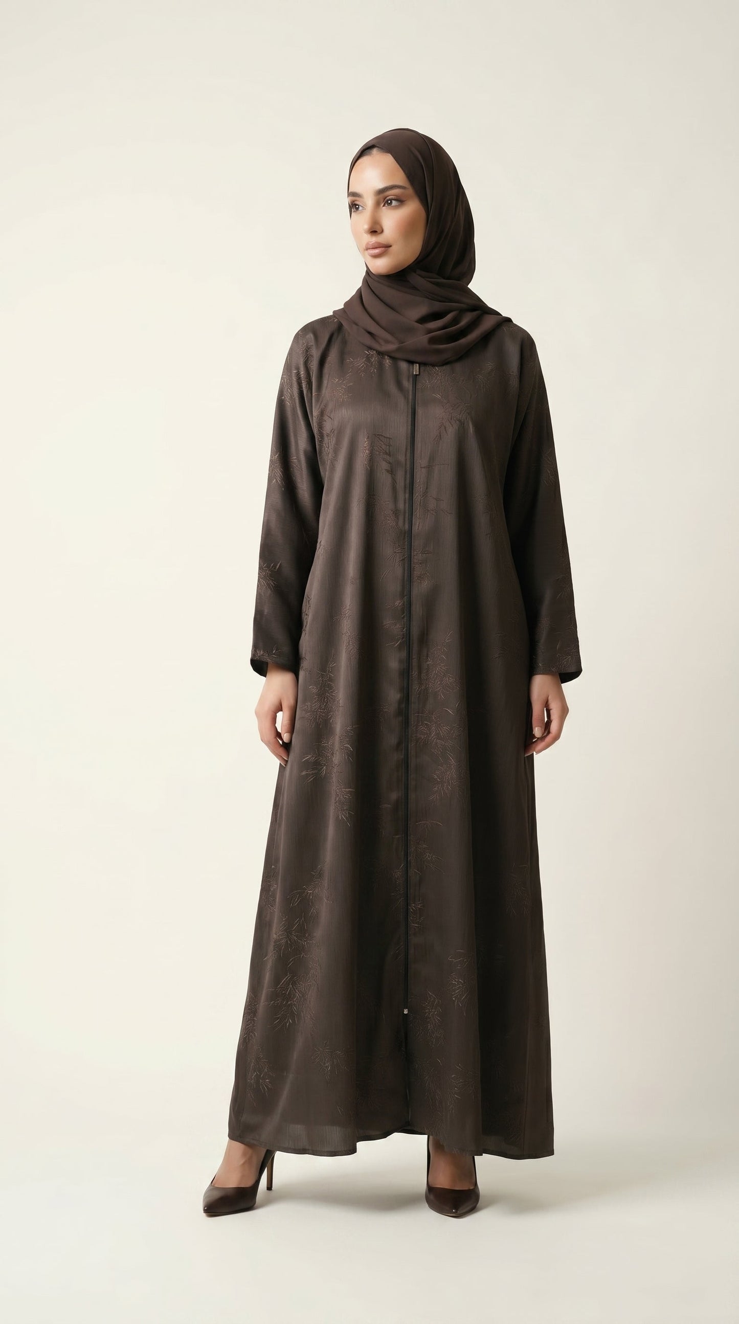 Brown Maryam Bamboo Leaf Work Open Abaya with Zip  Aromique