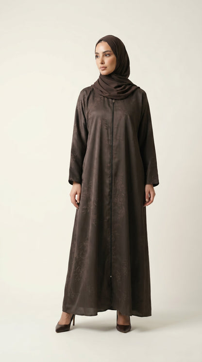 Brown Maryam Bamboo Leaf Work Open Abaya with Zip  Aromique