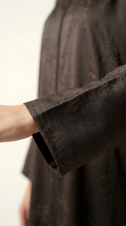 Brown Maryam Bamboo Leaf Work Open Abaya with Zip  Aromique