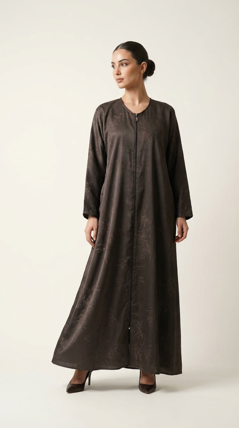 Brown Maryam Bamboo Leaf Work Open Abaya with Zip  Aromique