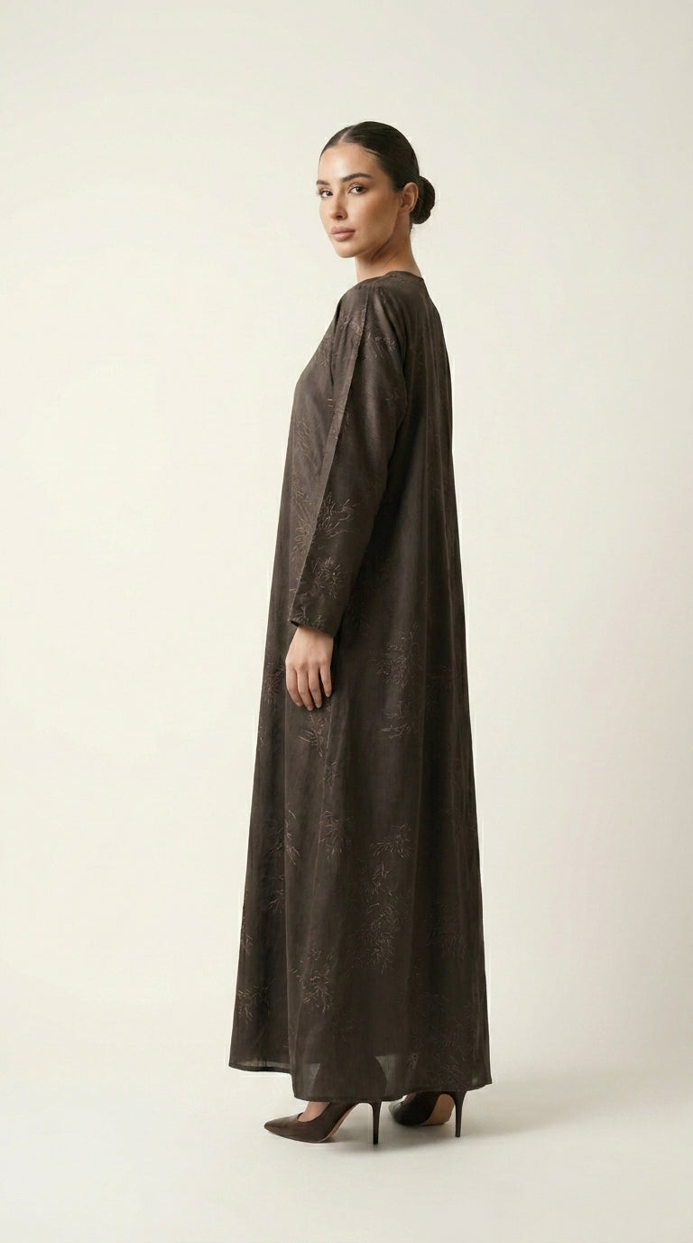 Brown Maryam Bamboo Leaf Work Open Abaya with Zip  Aromique