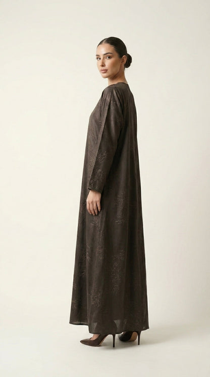 Brown Maryam Bamboo Leaf Work Open Abaya with Zip  Aromique