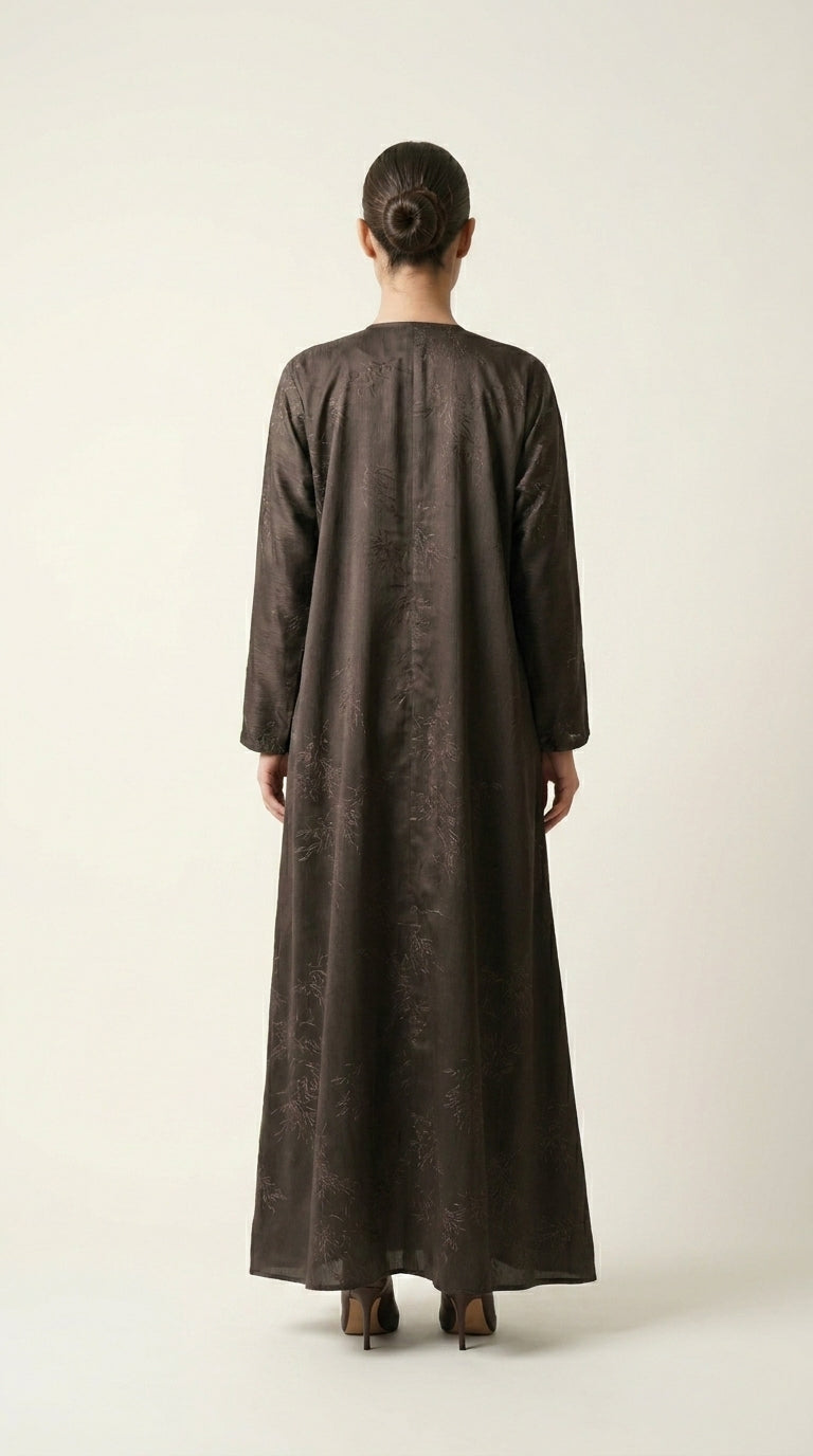 Brown Maryam Bamboo Leaf Work Open Abaya with Zip  Aromique