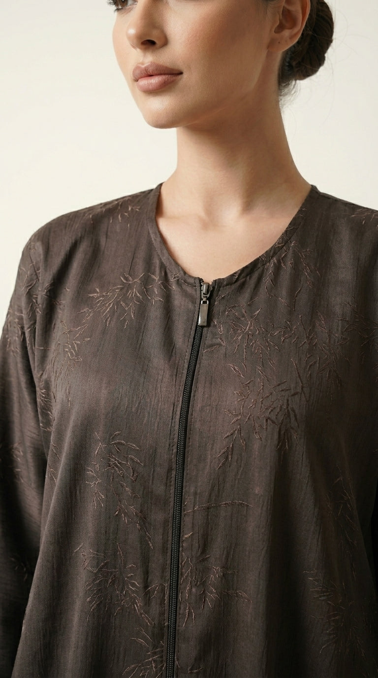 Brown Maryam Bamboo Leaf Work Open Abaya with Zip  Aromique
