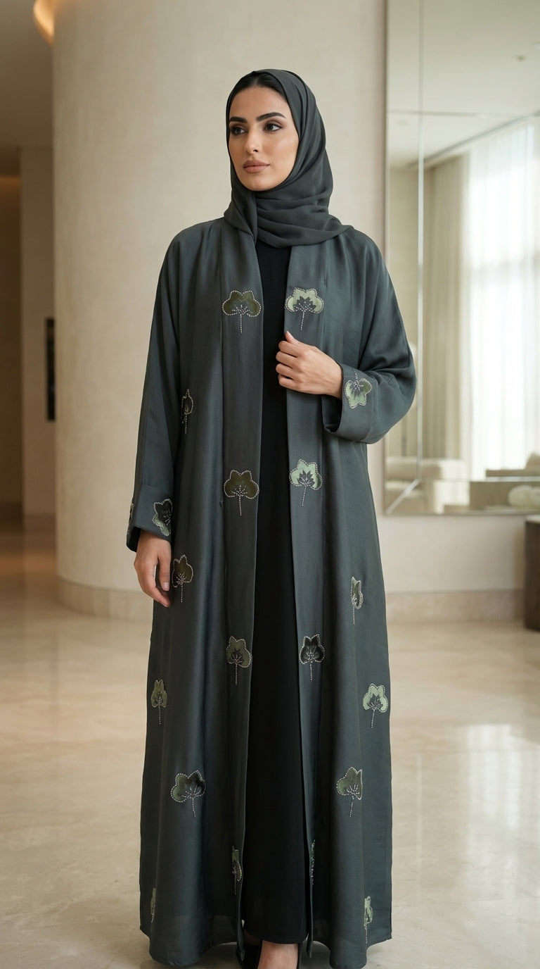 Dark Green Velvet Flower Open Abaya  Aromique