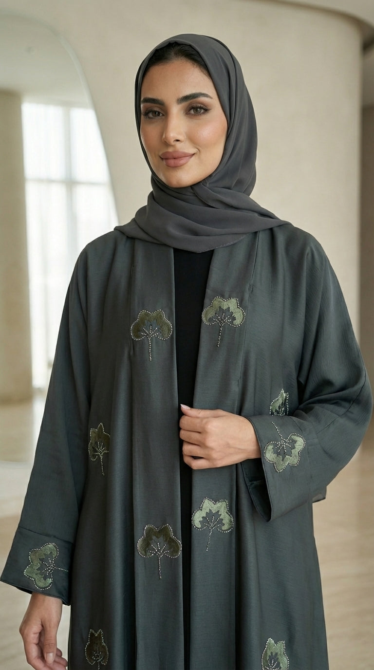 Dark Green Velvet Flower Open Abaya  Aromique