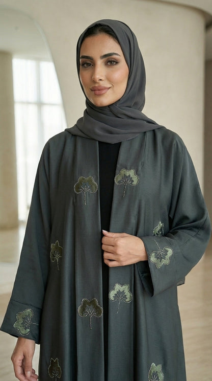 Dark Green Velvet Flower Open Abaya  Aromique