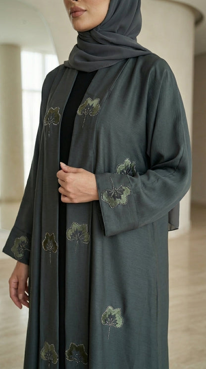 Dark Green Velvet Flower Open Abaya  Aromique