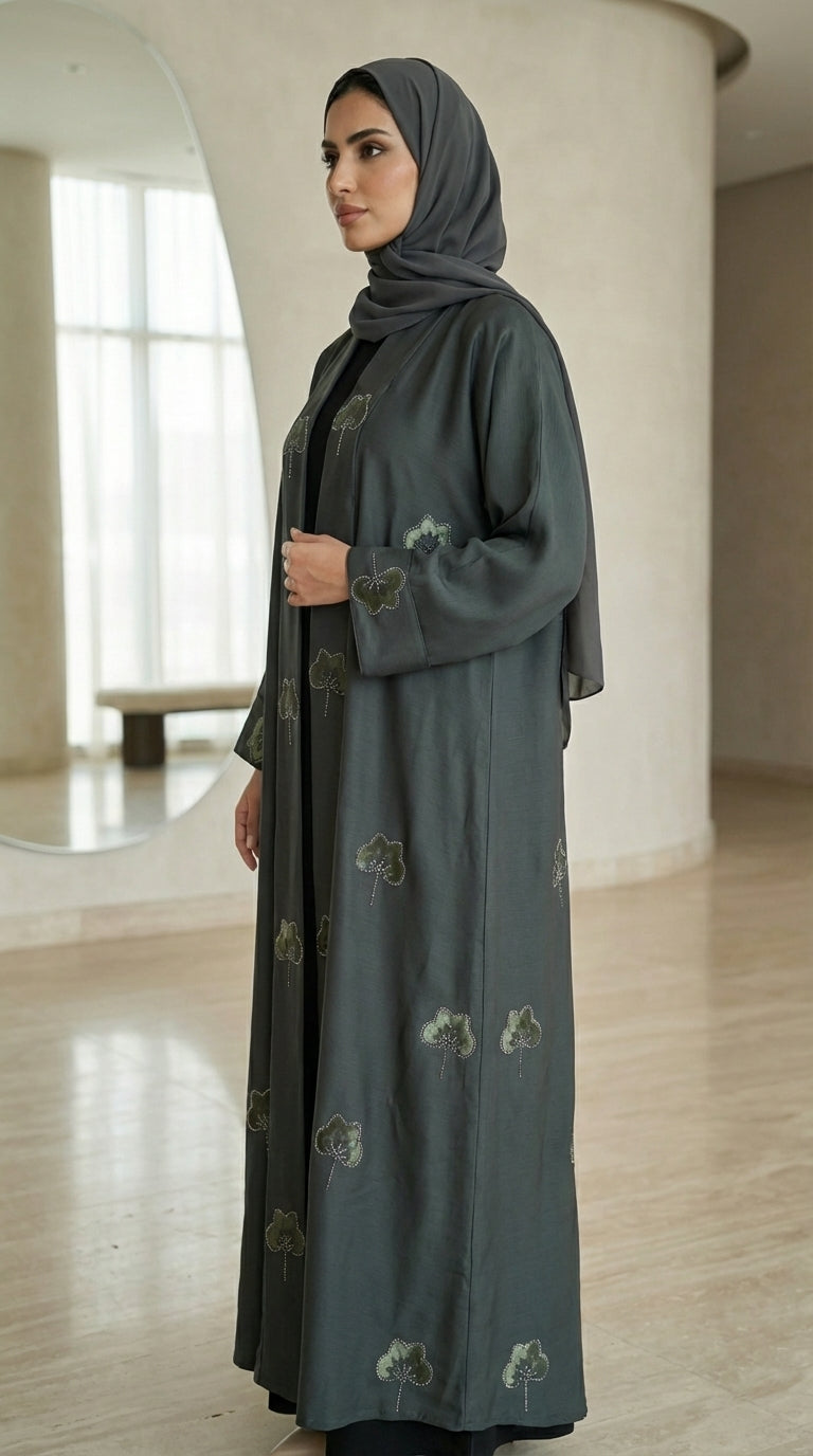 Dark Green Velvet Flower Open Abaya  Aromique
