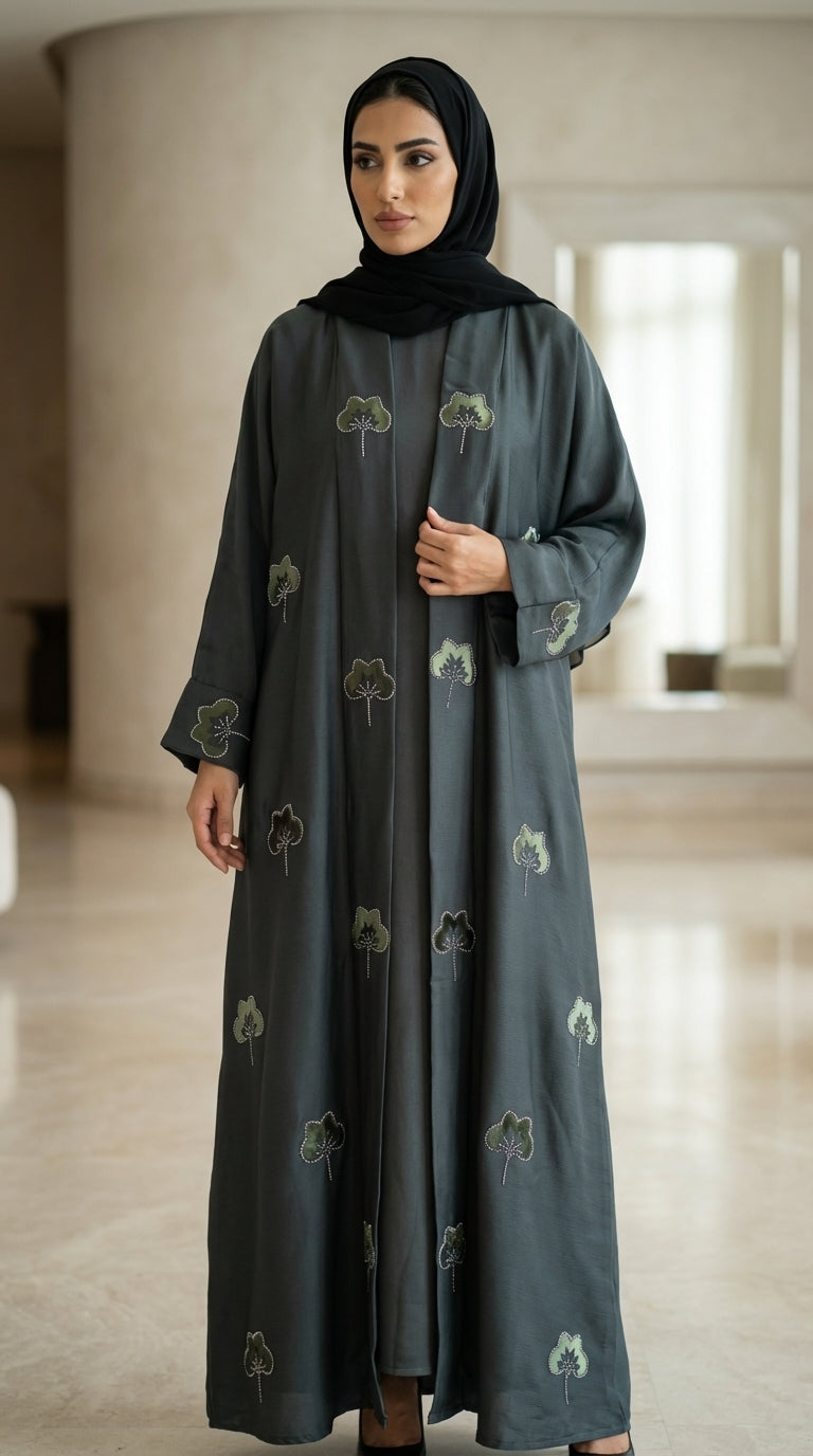 Dark Green Velvet Flower Open Abaya  Aromique