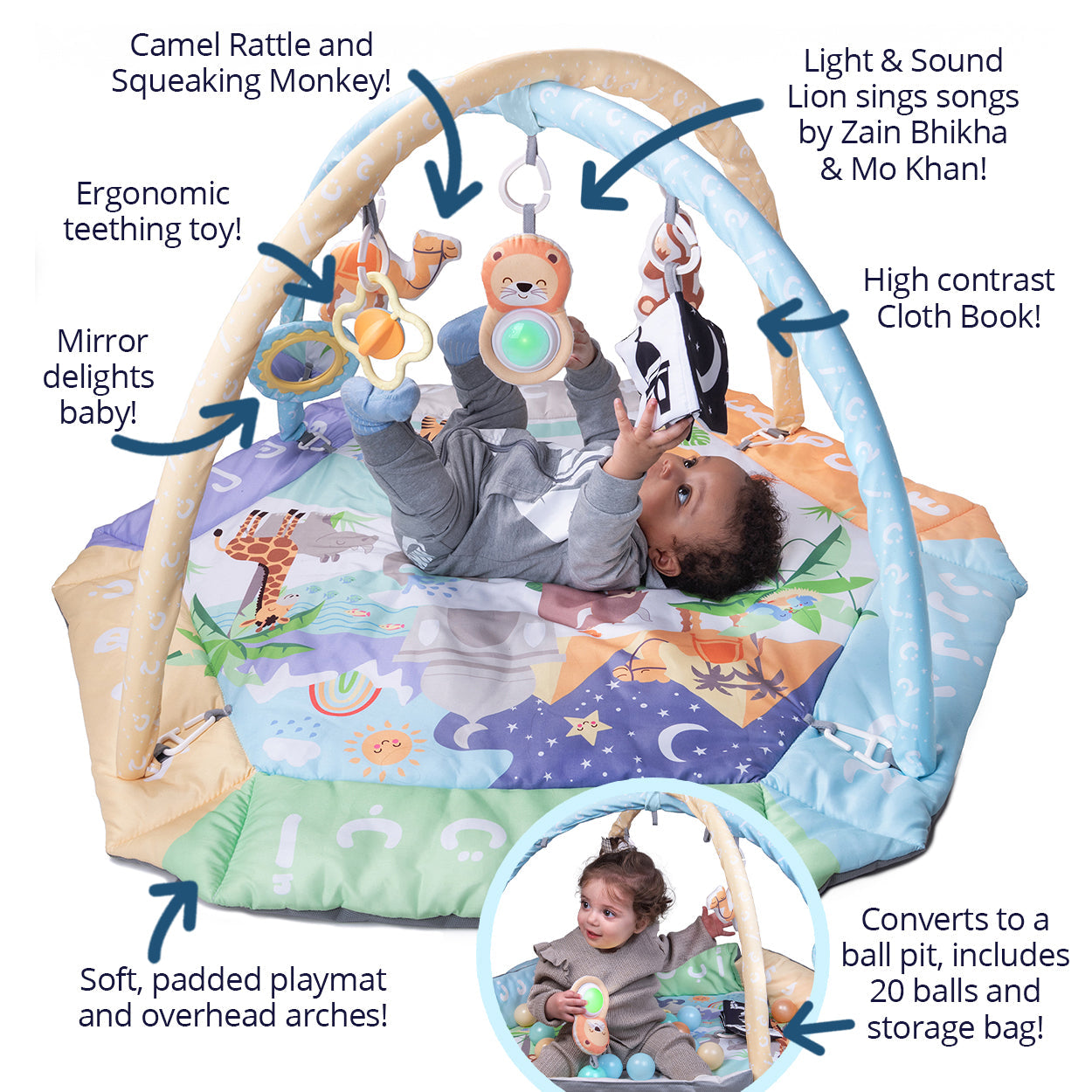 Desi Doll Arabic Alphabet 5-in-1 Activity Gym & Playmat for Babies  Aromique