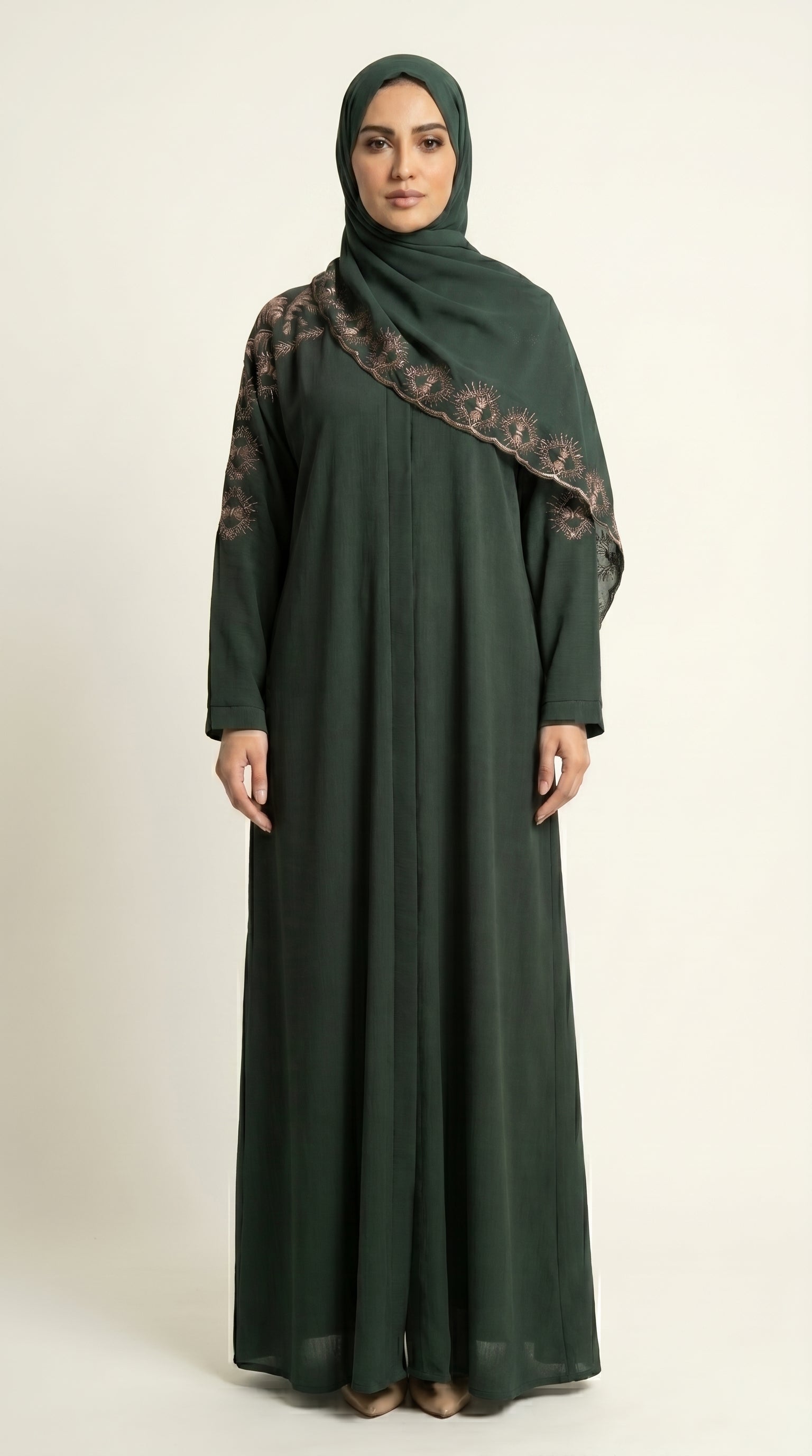 Green Embroidery Work Zoom Open Abaya  Aromique