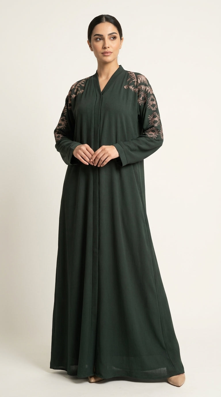 Green Embroidery Work Zoom Open Abaya  Aromique