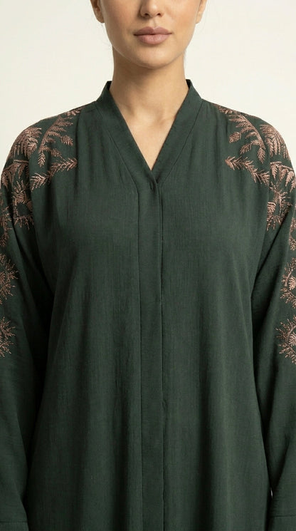 Green Embroidery Work Zoom Open Abaya  Aromique