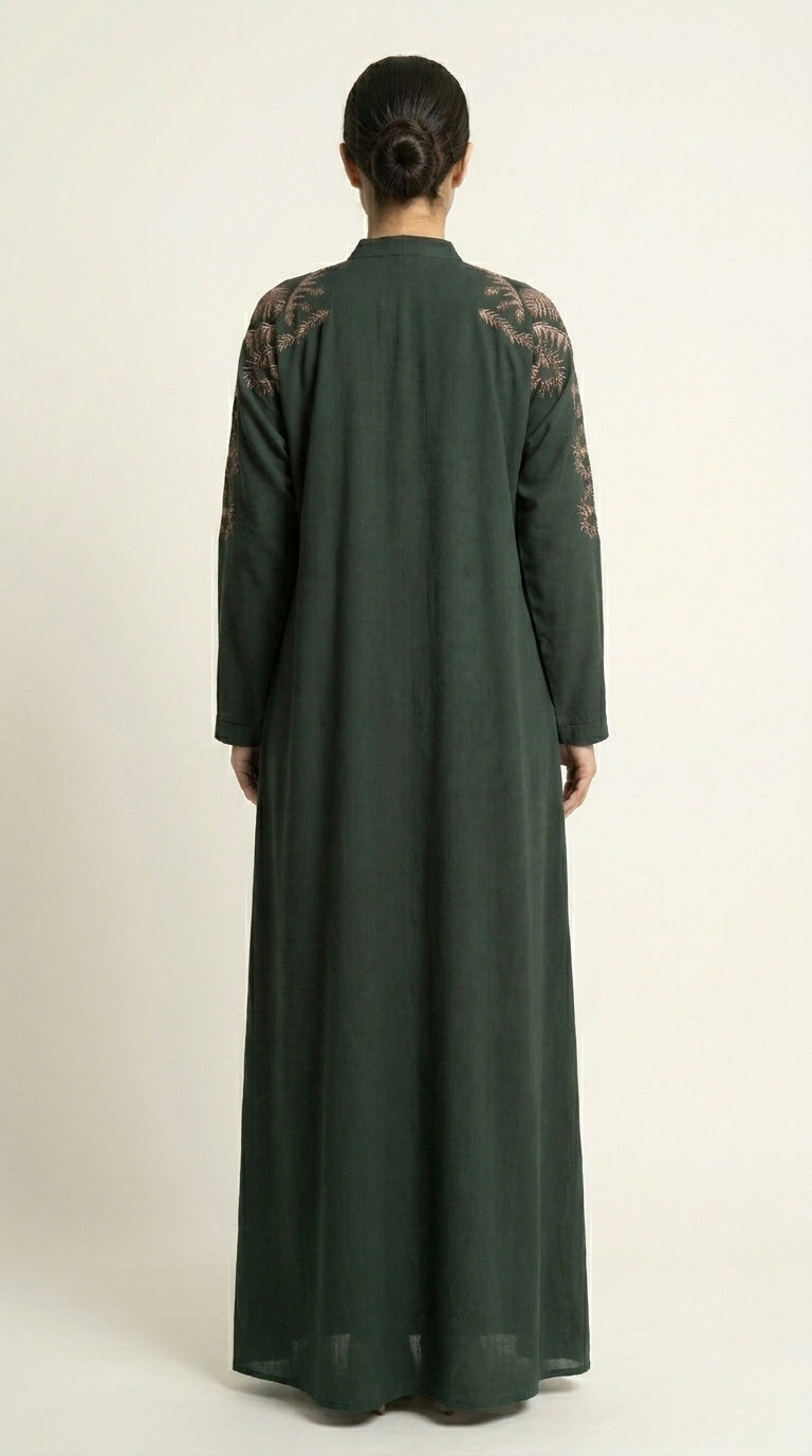 Green Embroidery Work Zoom Open Abaya  Aromique