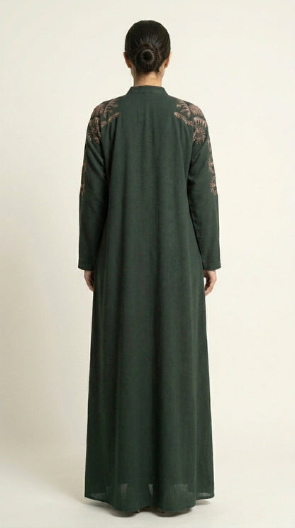 Green Embroidery Work Zoom Open Abaya  Aromique