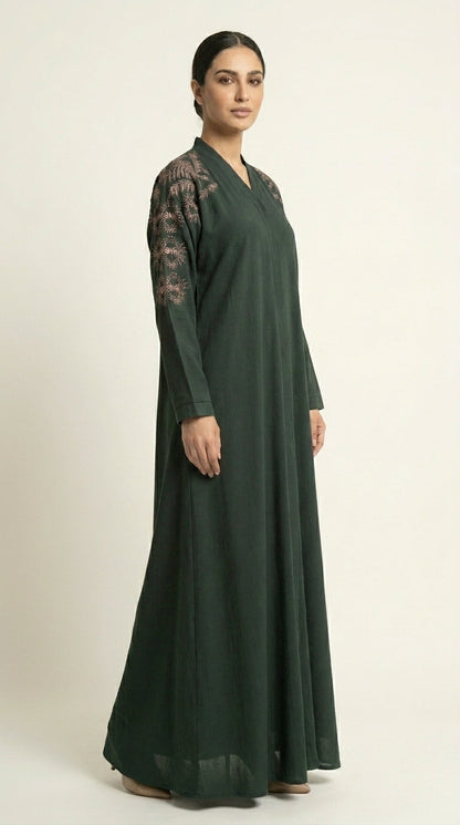 Green Embroidery Work Zoom Open Abaya  Aromique