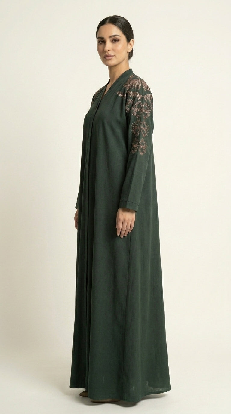 Green Embroidery Work Zoom Open Abaya  Aromique