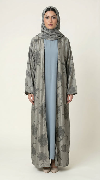 Green Leaf Print 3-Pieces Set Open Abaya  Aromique