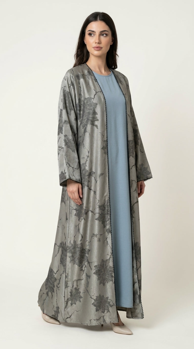 Green Leaf Print 3-Pieces Set Open Abaya  Aromique