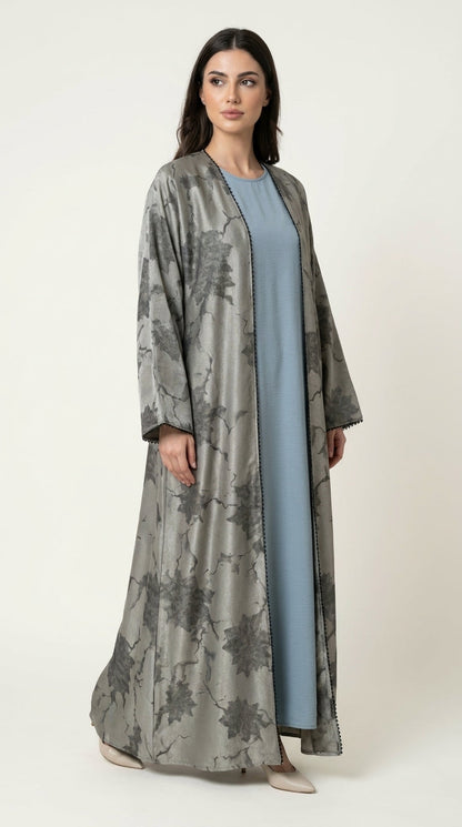 Green Leaf Print 3-Pieces Set Open Abaya  Aromique