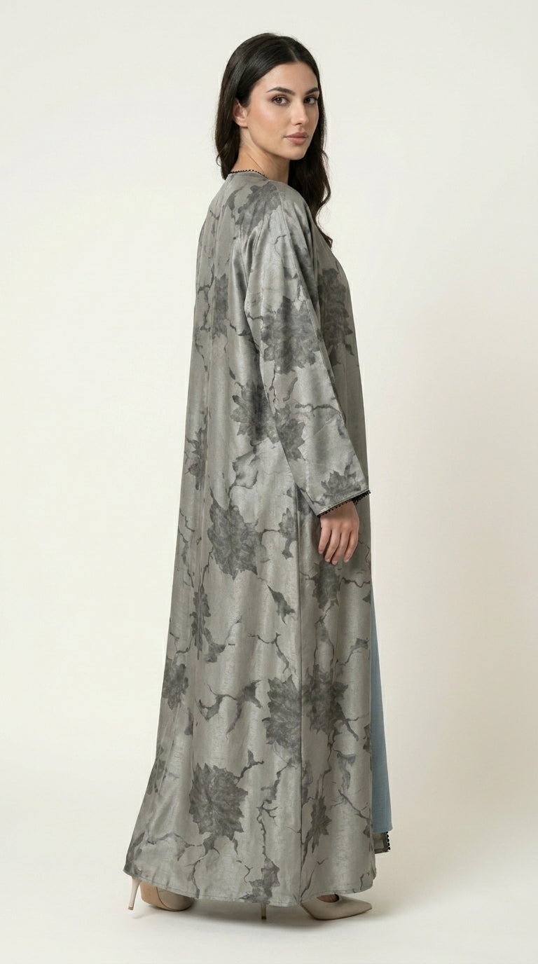 Green Leaf Print 3-Pieces Set Open Abaya  Aromique