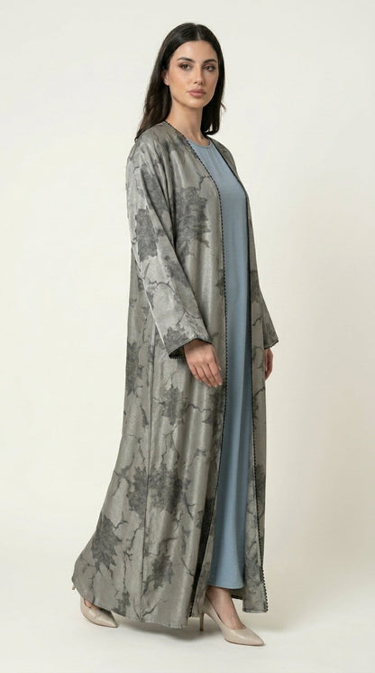Green Leaf Print 3-Pieces Set Open Abaya  Aromique