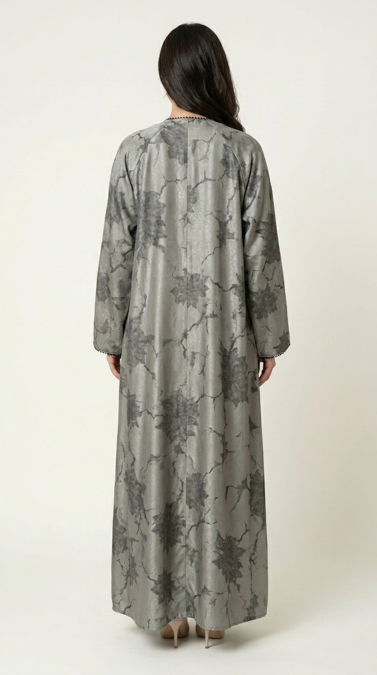 Green Leaf Print 3-Pieces Set Open Abaya  Aromique