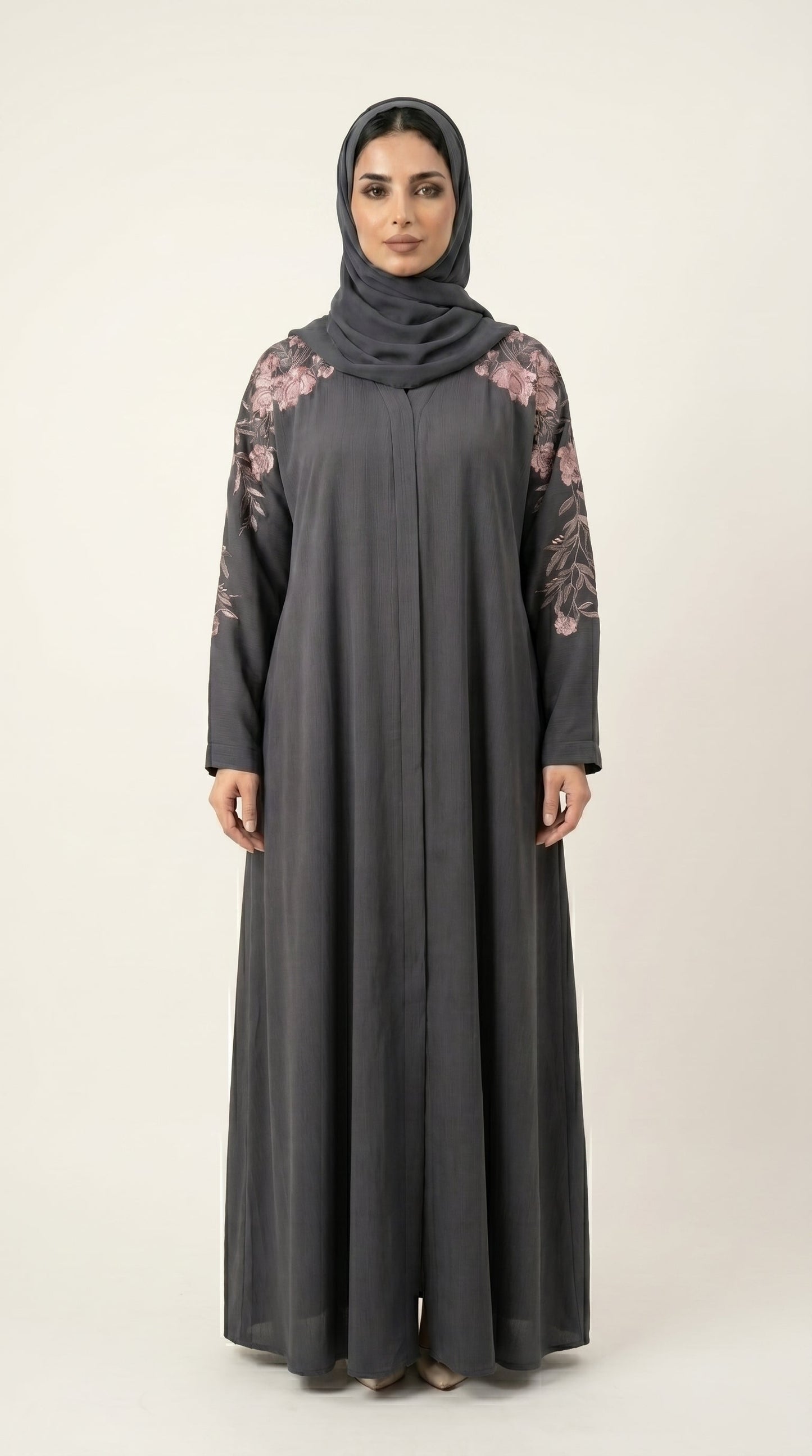 Grey Embroidery Flower Work Zoom Zip Abaya  Aromique