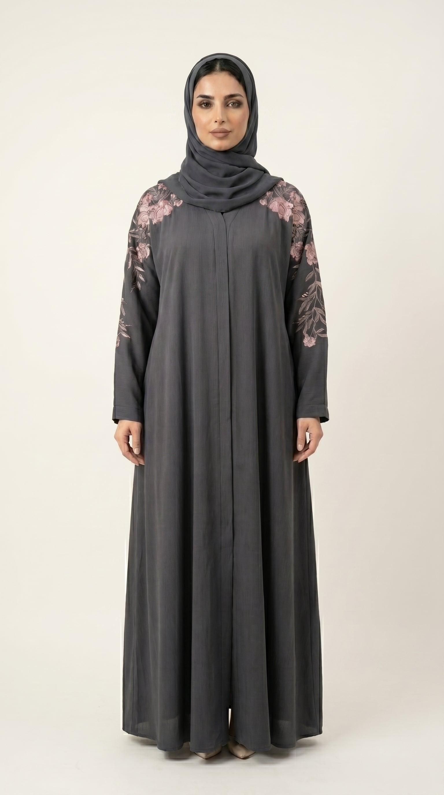 Grey Embroidery Flower Work Zoom Zip Abaya  Aromique